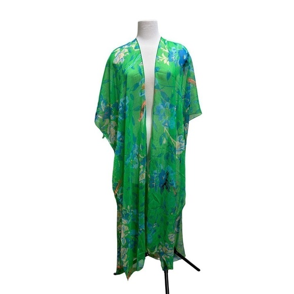 Sunflower Brand Swimwear Sheer Cover Up O/S Maxi Open Kimono Birds Floral Green - Picture 1 of 14
